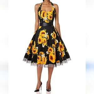 Oten Sunflower Pin-Up Dress with Net Hem. Retro, Pin-Up, Rockabilly